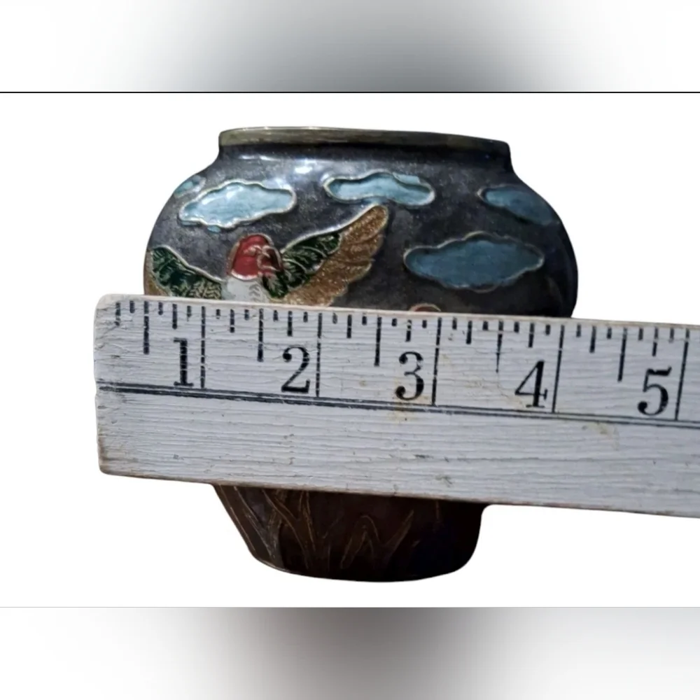 Vintage Brass Enamel Vase Nature Bird Animals Scene